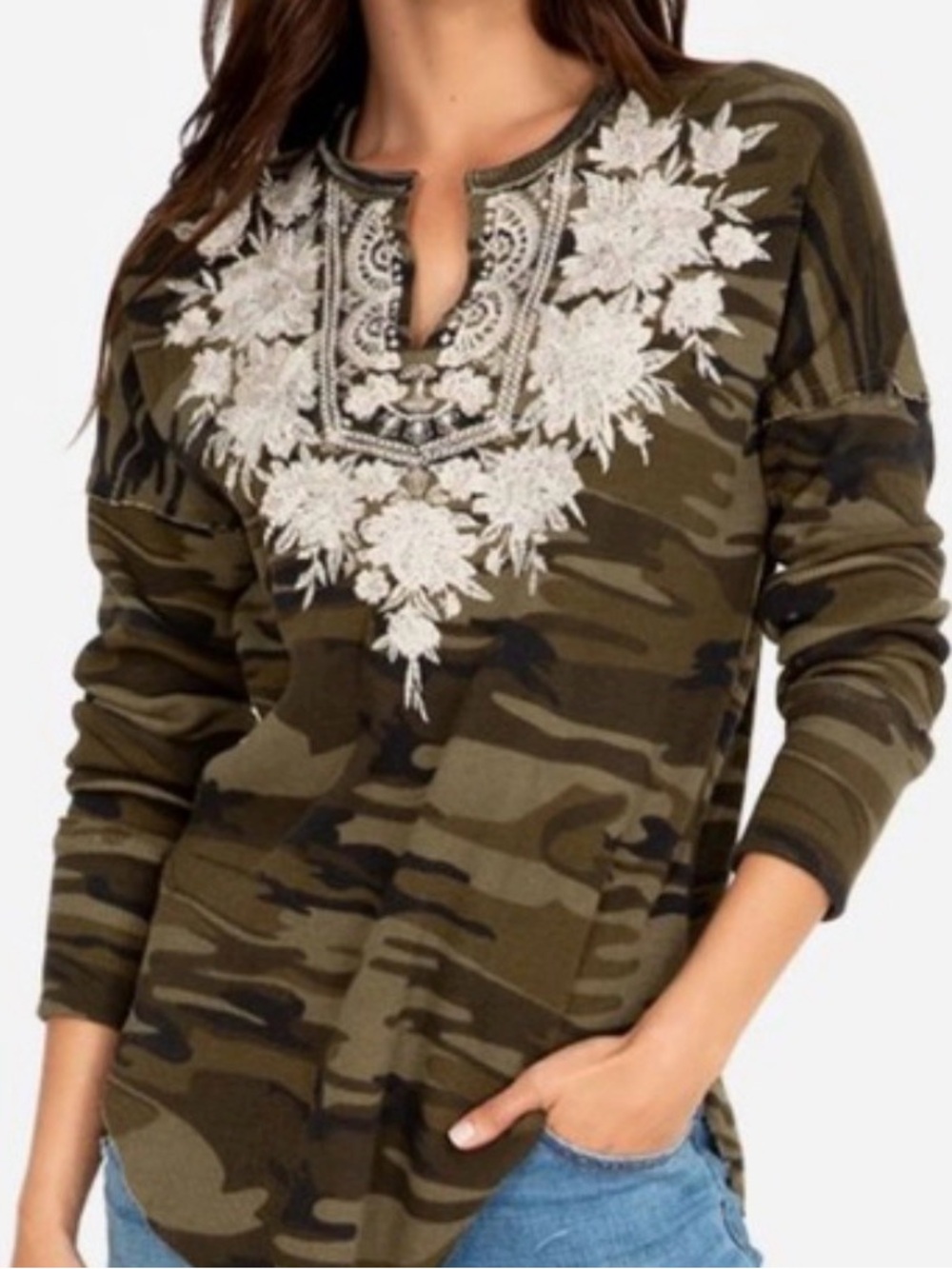 Johnny Was Christina Embroidered Camo Waffle Thermal Top